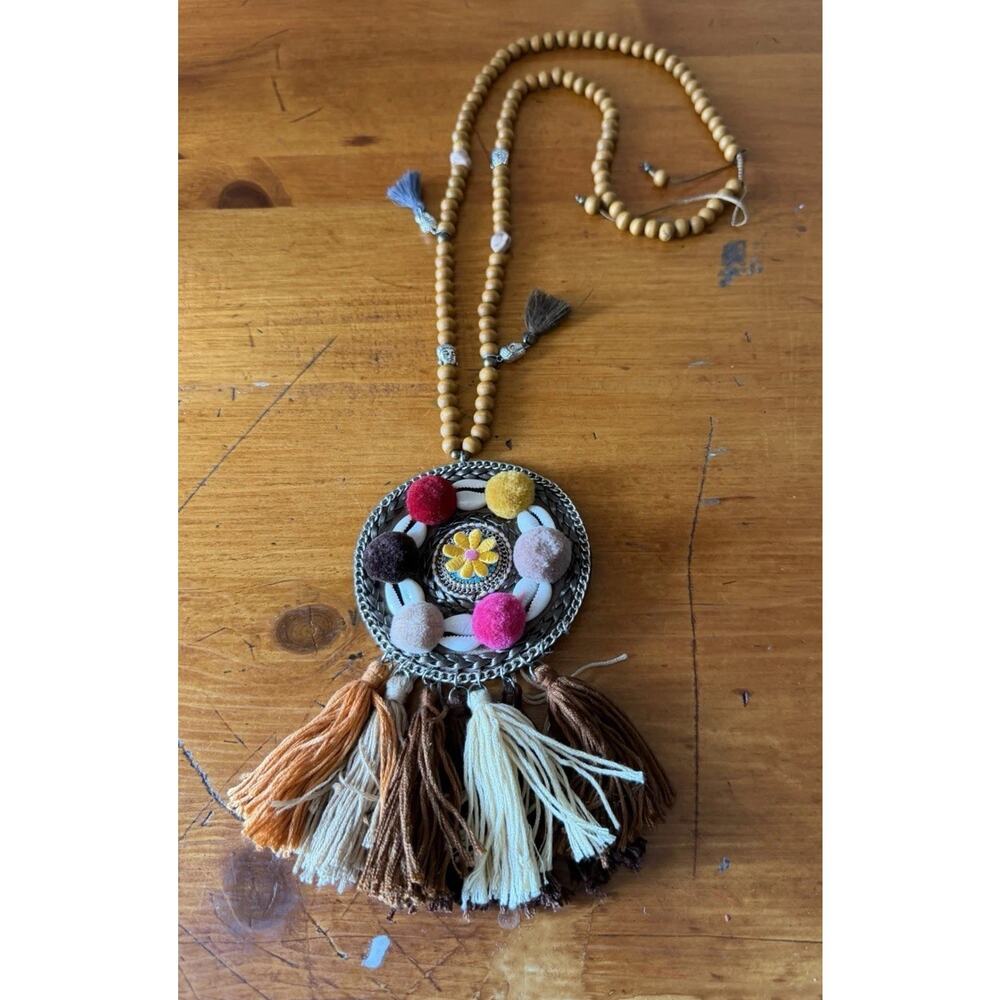 Boho Statement Tassel Necklace Pom Pom Fringe Pendant Artisan Style Free Spirit